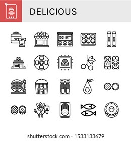 Set Of Delicious Icons. Such As Mayonnaise, Peanut Butter, Candy Shop, Candy, Cookie, Chocolate, Cheesecake, Chip, Blackcurrant, Gummy Bear, Sushi Roll, Popcorn , Delicious Icons