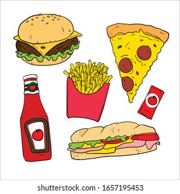 set of delicious and juicy fast food products. 