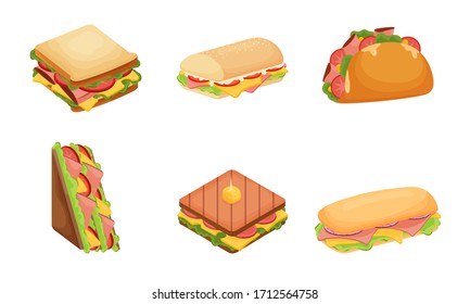 Set of delicious juicy sandwiches filled with vegetables, cheese, meat, bacon. Vector illustration in flat cartoon style