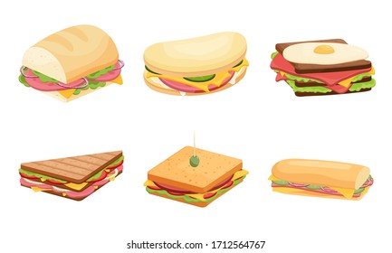 Set of delicious juicy sandwiches filled with vegetables, cheese, meat, bacon. Vector illustration in flat cartoon style