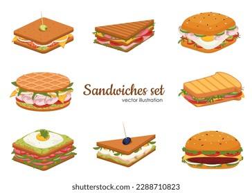 Set of delicious juicy sandwiches filled with vegetables, cheese, meat, bacon. Crispy toast, croissant and bun sandwiches vector set. Tasty snack for lunch or breakfast with fresh ingredients