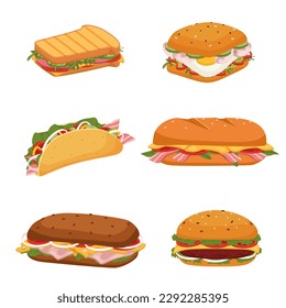 Set of delicious juicy sandwiches filled with vegetables, cheese, meat, bacon. Crispy toast, croissant and bun sandwiches vector set. Tasty snack for lunch or breakfast with fresh ingredients