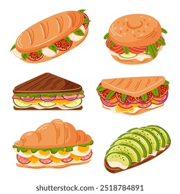 Set of delicious juicy sandwiches filled with vegetables, cheese, avocado, ham, salami, mozzarella, salmon. Baguette, bagel, croissant, toast, bread. Flat cartoon style