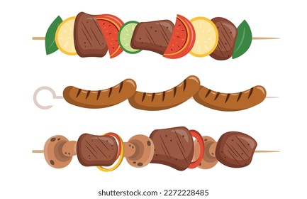 Set of delicious kebabs in a cartoon style. Vector illustration of various kebabs with greens, lemon, pieces of meat, tomatoes, cucumbers, with sausages, mushrooms, and pepper isolated on white.