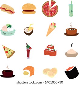 Set a delicious meal. Fast food, desserts, drinks. Design for the logo of a cafe, restaurant, food club, coffee house.
