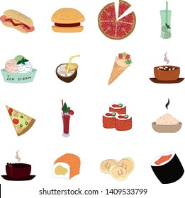 Set a delicious meal. Fast food, desserts, drinks. Design for the logo of a cafe, restaurant, food club, coffee house.
