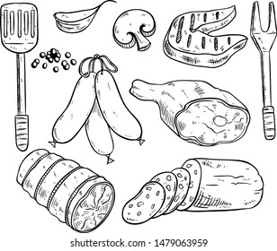 Set of Delicious Meat for Barbeceu With Sketchy or Hand Drawn Style on Blackboard Background