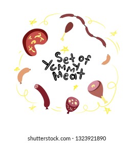 A set of delicious meat products: ham, chicken leg, tenderloin, pork, sausages and wieners.