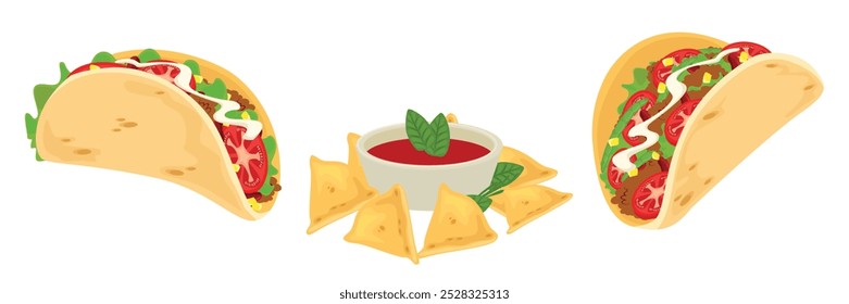 Conjunto de deliciosos platos mexicanos, tortillas y nachos en estilo de dibujos animados. Ilustración vectorial de sabrosos tacos con rellenos: lechuga, carne, tomates, maíz, patatas fritas con salsa aislada sobre un fondo blanco.