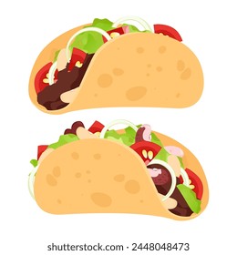 A set of delicious Mexican tacos stuffed with tomato, lettuce and minced meat