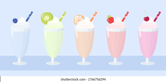 Set of delicious milkshakes in glasses with straws, fruits, berries, whipped cream. Vector illustration in flat style.