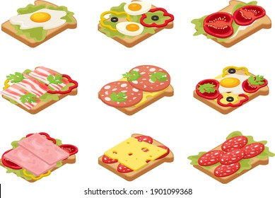 A set of delicious morning toast for breakfast.Fried pieces of bread with sausage, cheese, eggs, bacon and ham with tomatoes.Food for breakfast, food for lunch,food for dinner.Isometric  illustration.