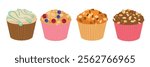 Set of delicious muffins in cartoon style. Vector illustration of cupcakes with different flavors: icing, cranberry, blueberry, oatmeal, crumbs isolated on white background. Healthy oatmeal muffins.
