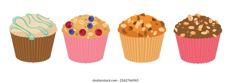 Set of delicious muffins in cartoon style. Vector illustration of cupcakes with different flavors: icing, cranberry, blueberry, oatmeal, crumbs isolated on white background. Healthy oatmeal muffins.