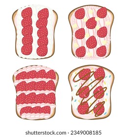 set of delicious open sandwich filled with strawberries, blueberries, whipped cream. cartoon style