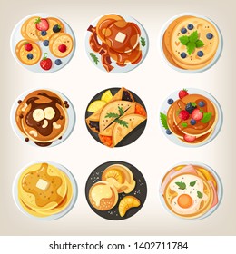 Set of delicious pancake dishes. Isolated vector images. View from above.