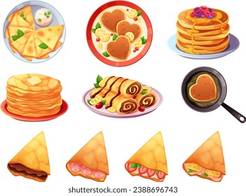 Set of delicious pancakes with various filling, chocolate, berries, syrup, honey, sour cream. Vector illustration of breakfast in cartoon style