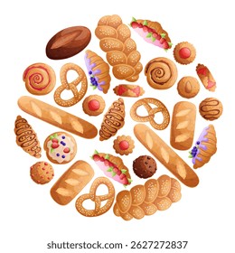 Um conjunto com deliciosos doces na forma de um círculo sobre um fundo branco. O conceito de uma pastelaria, padaria e cozinha. Ilustrações vetoriais para cartazes, banners, folhetos e capas