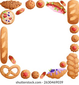 Um conjunto com deliciosos doces na forma de uma moldura em um fundo branco. O conceito de uma pastelaria, padaria e cozinha. Ilustrações vetoriais para cartazes, banners, folhetos e capas