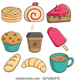 leckeres Gebäck mit Slice Kuchen, Kuchen, Kaffee und Eis mit buntem Doodle-Stil