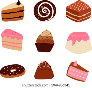 Set of delicious pastry, sweetness, pastries, cake, bun. Vector. Isolated from the background.