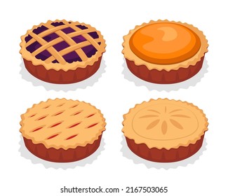 Set of delicious pies in cartoon style. Vector illustration of homemade cakes with different fillings.