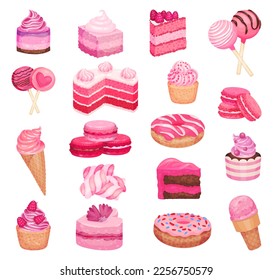 Set of delicious pink sweets and desserts. Pastry desserts, candy, ice cream, cake, donut with strawberry and cherry flavours cartoon vector