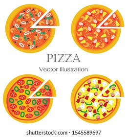 Set of delicious pizza and pizza slice in 4 toppings. Isolated on white background. Vector Illustration.