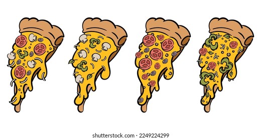 Set of delicious pizza slices with different ingredients. Cartoon flat illustration. Vector isolated on white background.