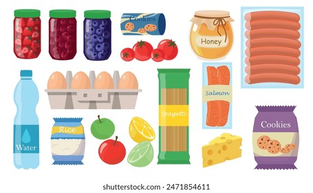 Conjunto de deliciosos productos en un estilo de dibujos animados. Ilustración vectorial de varios productos: frascos de mermelada, huevos, espagueti, galletas, tomates, salmón, miel, salchichas, agua, arroz, queso, limón, lima, manzanas.