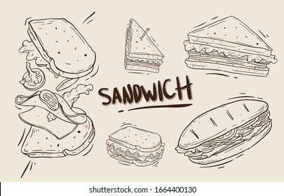 set of delicious sandwich illustration. Hand drawn vector illustration