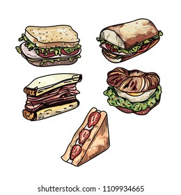 Set of delicious sandwich illustrations several different kinds of subs sandwiches toast.
