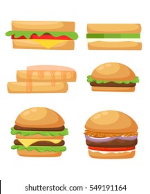 Set of delicious sandwich illustrations several different kinds of subs sandwiches toast