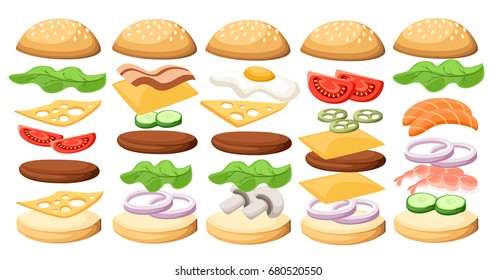 Set of delicious sandwich illustrations ss Burgers set. Ingredients: buns, cheese, bacon, tomato, onion, lettuce, cucumbers, pickle onions, beefs ham Vector icons isolated on white background