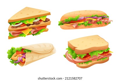 Set of delicious sandwiches in cartoon style