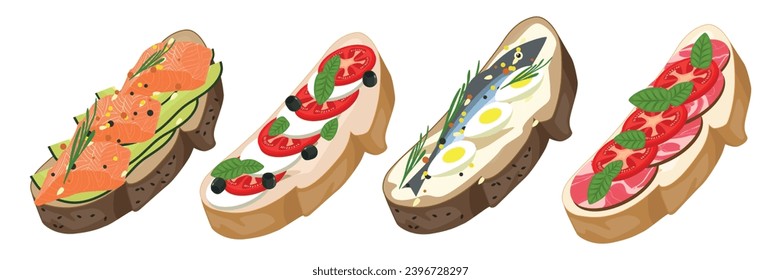 Set of delicious sandwiches in cartoon style. Vector illustration of sandwiches on white and black bread with different fillings: avocado and salmon, sausage and tomatoes, cheese, olives, fish.