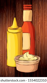 set of delicious sauces in wooden background vector illustration design