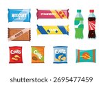 Set of delicious snacks, drinks in cartoon style. Vector illustration: biscuit, chocolate, candy, strawberry, blueberry bar, potato chips packages, carbonated drinks isolated on white background.