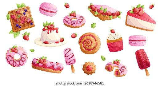 A set of delicious strawberry desserts on a white background. The concept of confectionery, baking, cooking. Isolated vector illustrations for menu design, posters, banners, covers