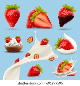 Set of delicious strawberry illustration for design uses. Strawberry in milk splash, chocolate covered strawberry, whipped cream with strawberry inside