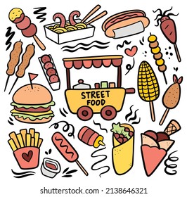 Set of Delicious Street Food Doodle Vector Illustration