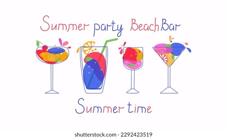 A set of delicious summer alcoholic cocktails. Different colored drinks in wine glasses. Text, lettering.Fresh exotic tropical beach bar. Alcohol, lemonade.  Flat cartoon vector icon .