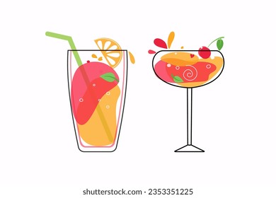 A set of delicious summer  cocktails and fruit. Different colored drinks in wine glasses.  Mixed cold drinks. Fresh exotic tropical beach bar. Alcohol, lemonade vector icon on white background.