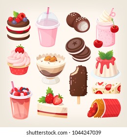 Set of delicious sweet desserts made of chocolate, strawberry and forest fruit. Glazed, stuffed and filled pastry in a confectionary or coffee shop cafe. Isolated vector images