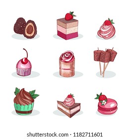 Set of delicious sweet desserts made of chocolate, strawberry and forest fruit. Glazed, stuffed and filled pastry in a confectionary or coffee shop cafe. Isolated vector images with a shadow.