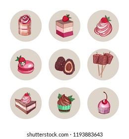 Set of delicious sweet desserts made of chocolate, strawberry and forest fruit. Glazed, stuffed and filled pastry in a confectionary or coffee shop cafe. Isolated vector images with a shadow.