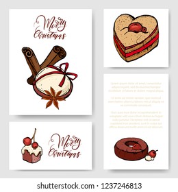 Set of delicious sweet desserts made of chocolate, strawberry and forest fruit. Glazed, stuffed and filled pastry in a confectionary or coffee shop cafe. Isolated vector images. 