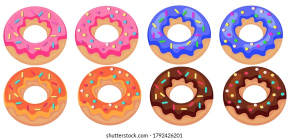 Juego de deliciosos donuts dulces, pasteles y postres pasteleros. Chocolate de vidrio, rosa, azul, naranja. Ilustración vectorial aislada en fondo blanco.
