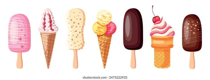 
Set of delicious and sweet ice cream in cartoon style. Vector illustration of various creamy, berry ice creams: ice cream, popsicle, in a waffle cup isolated on a white background. A cooling dessert.