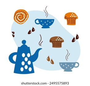 juego de deliciosos pasteles dulces, una cafetera y tazas de café. Bollos frescos y magdalenas de chocolate para el desayuno. Una Ilustración vectorial plana de dibujos animados aislada sobre un fondo blanco. Anuncio, menú